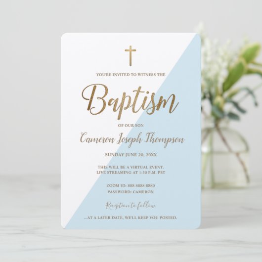 Einfache Blue White Gold Cross Virtual Baptisse Einladung (Stehend Vorderseite)