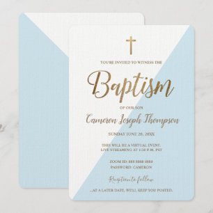 Einfache Blue White Gold Cross Virtual Baptisse Einladung