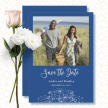 Einfache Blue White Wildblume Foto QR Code Hochzei