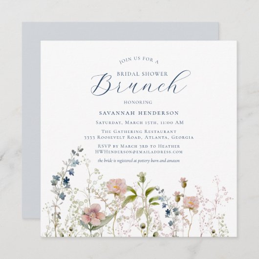 Einfache Blue Wildblume Brautparty Brunch Einladung (Vorne/Hinten)