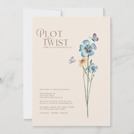 Einfache Blue Wildblume Plot Drehung Hochzeit Save The Date (Vorderseite)