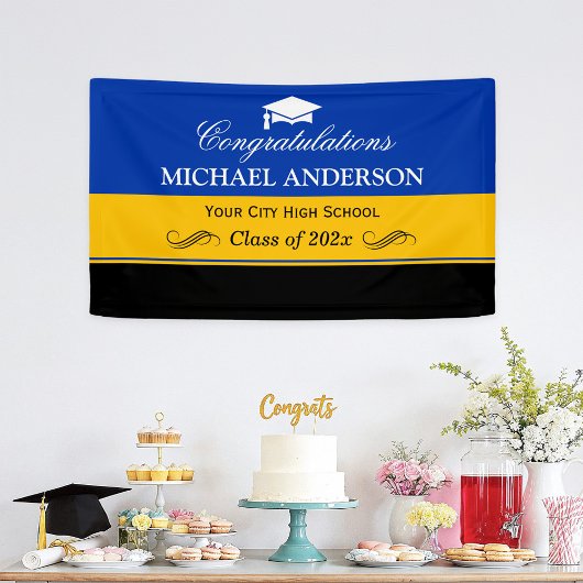 Einfache Blue Yellow Black Graduation Party Banner