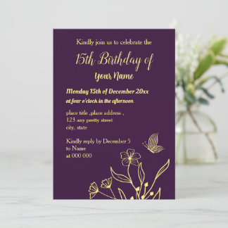 Einfache Blume aus Gold lila Einladung