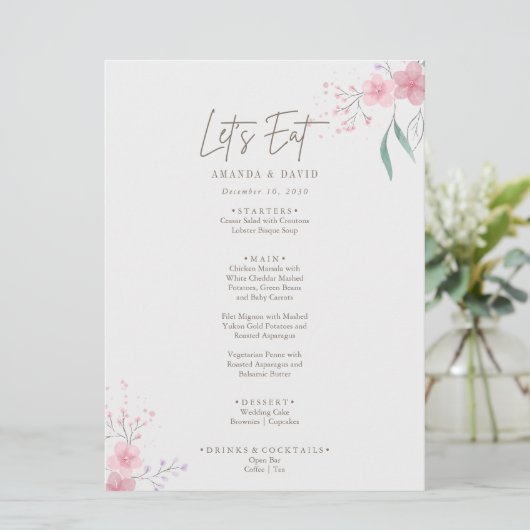 Einfache Blume Elegante Hochzeit Menükarte (Stehend Vorderseite)