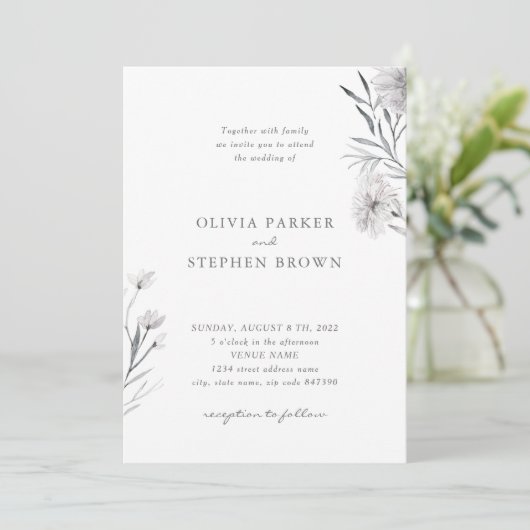 Einfache Blume. Grau White Beautiful Wedding Einladung (Stehend Vorderseite)