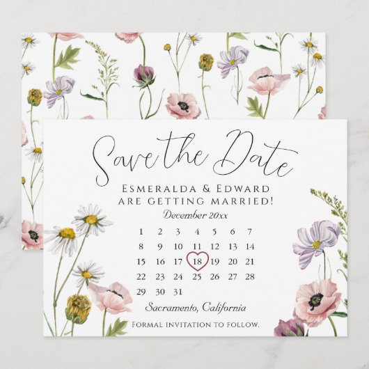Einfache Blume Hochzeitskalender Save the Date (Vorne/Hinten)