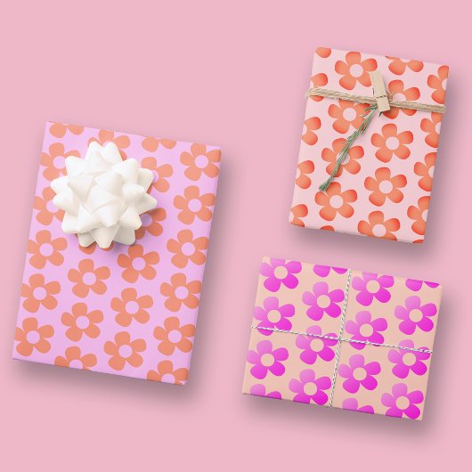 Einfache Blume in Preppy Hot Pink Orange Pastellfa Geschenkpapier Set