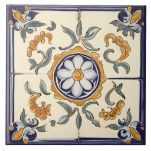 Einfache Blume Mittelmeer Blauer Creme Fliese