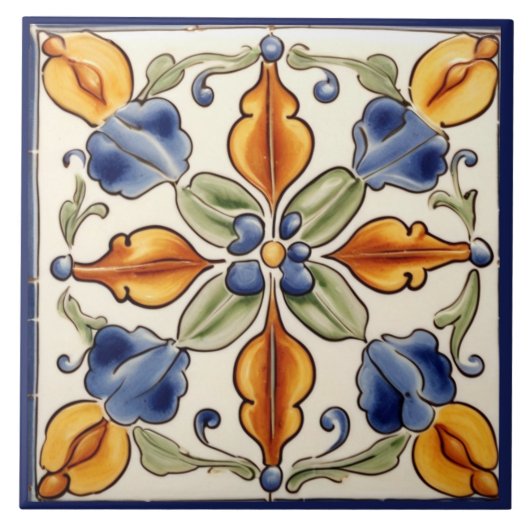 Einfache Blume Mittelmeer Blauer Creme Fliese (Vorderseite)