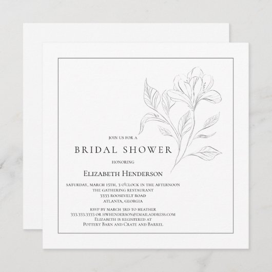 Einfache Blumen Elegantes Schwarz-weißes Brautpart Einladung (Vorne/Hinten)