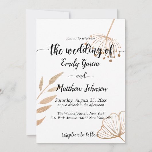 Einfache Blumenbotaniqe Gold Foil Wedding Einladung (Vorderseite)