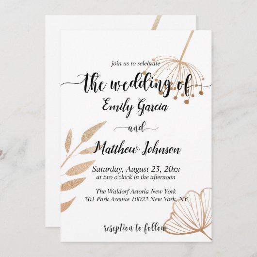 Einfache Blumenbotaniqe Gold Foil Wedding Einladung (Vorne/Hinten)