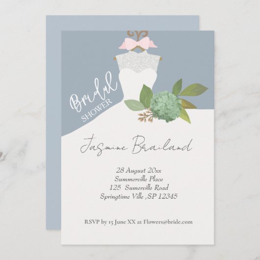 Einfache Blumenbrücke Gown Bridal Dusche Einladung (Vorne/Hinten)