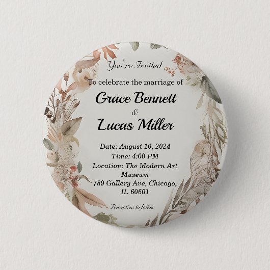 Einfache blumengemalte weiche Hochzeitseinladung Button (Vorderseite)