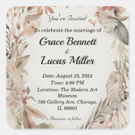 Einfache blumengemalte weiche Hochzeitseinladung Quadratischer Aufkleber