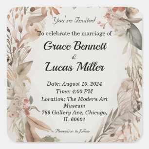 Einfache blumengemalte weiche Hochzeitseinladung Quadratischer Aufkleber