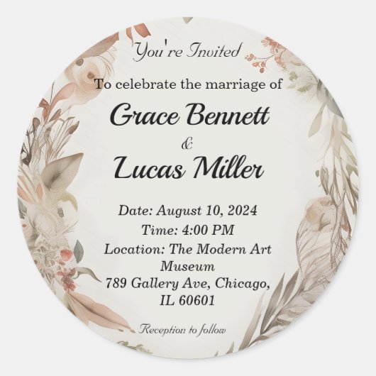 Einfache blumengemalte weiche Hochzeitseinladung Runder Aufkleber (Vorderseite)