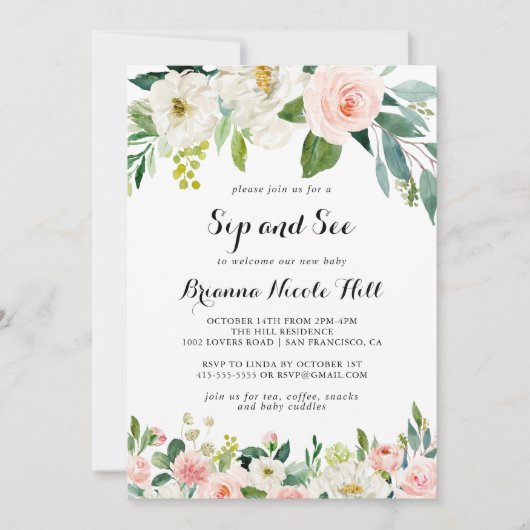 Einfache Blumengrünkalligraphie Sip and See Einladung (Vorderseite)