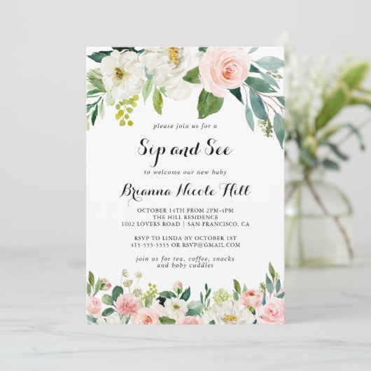 Einfache Blumengrünkalligraphie Sip and See Einladung (Stehend Vorderseite)