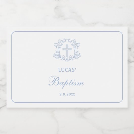 Einfache Blumenhellblauer Taufe Alkoholflaschenetikett (Einzelnes Label)