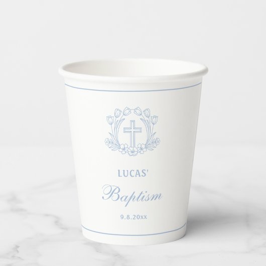 Einfache Blumenhellblauer Taufe Pappbecher (Rückseite)