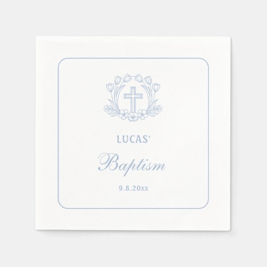Einfache Blumenhellblauer Taufe Serviette (Vorderseite)