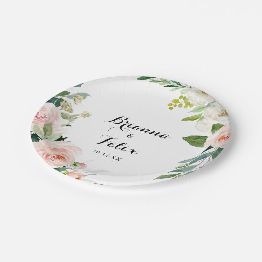 Einfache Blumenkalligrafie Hochzeitstorte Pappteller (Schrägansicht)