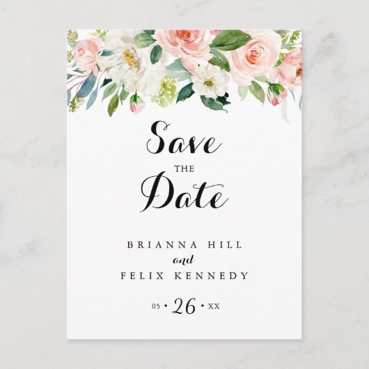 Einfache Blumenkalligraphie Save the Date Postkarte (Vorderseite)