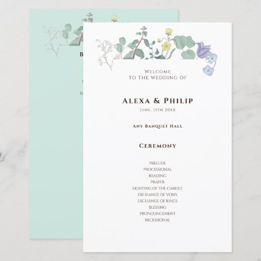 Einfache blumenminimalistische Hochzeitsprogramme (Vorne/Hinten)