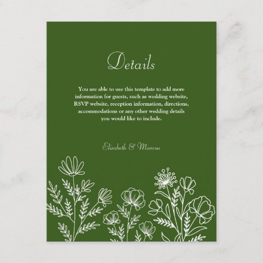 Einfache, blumenolivgrüne Hochzeitskarte Begleitkarte (Vorderseite)