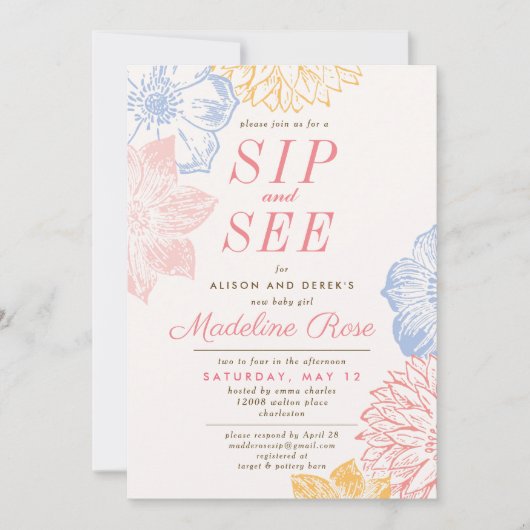 Einfache Blumenpinke Girl Sip und Babydusche Einladung (Vorderseite)