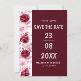 Einfache Blumenrosa Burgundy-Schrift Save the Date