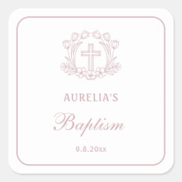 Einfache Blumenrosa-Taufe Quadratischer Aufkleber