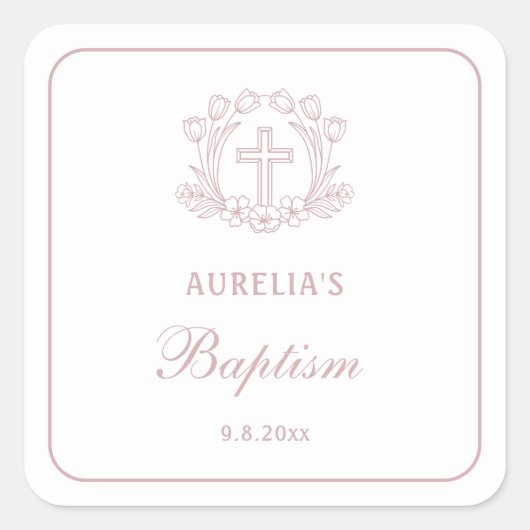 Einfache Blumenrosa-Taufe Quadratischer Aufkleber (Vorderseite)