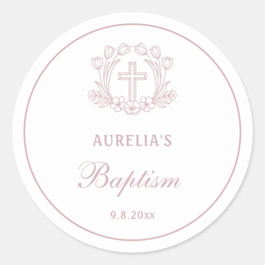 Einfache Blumenrosa-Taufe Runder Aufkleber (Vorderseite)