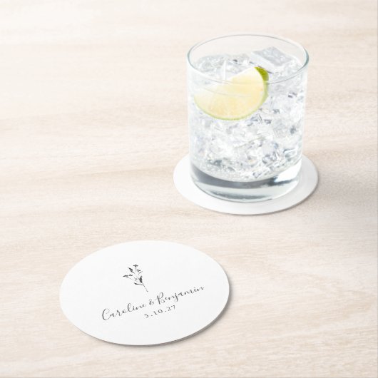 Einfache Blumenschrift White Boho Wedding Custom Runder Pappuntersetzer (Vor Ort)