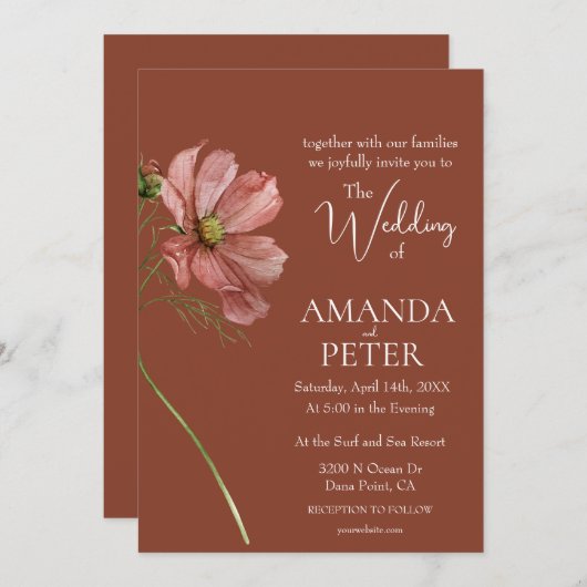 Einfache Blumenzunge Terracotta Wedding Einladung (Vorne/Hinten)