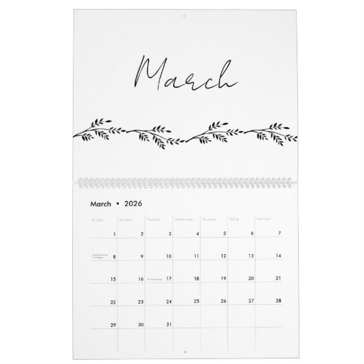 Einfache Blumenzweige, handschriftlicher Kalender (Mär 2026)