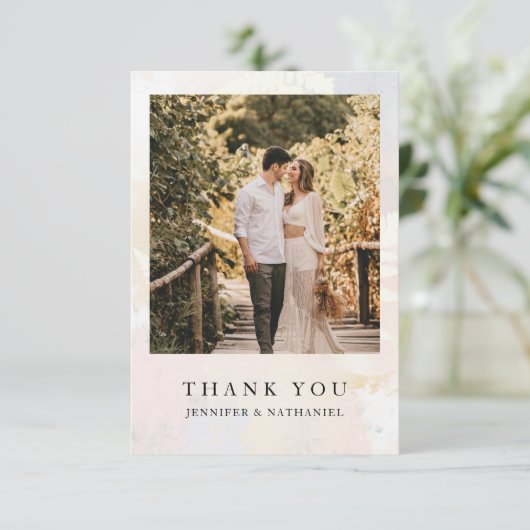 Einfache Blush Blume Foto Hochzeit Danke Karte (Stehend Vorderseite)