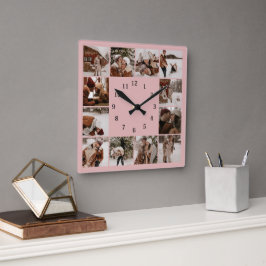 Einfache Blush Pink Familie 12 FotoCollage Keepake Quadratische Wanduhr
