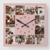 Einfache Blush Pink Familie 12 FotoCollage Keepake Quadratische Wanduhr (Vorderseite)