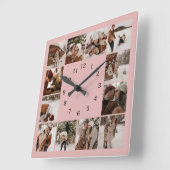 Einfache Blush Pink Familie 12 FotoCollage Keepake Quadratische Wanduhr (Winkel)