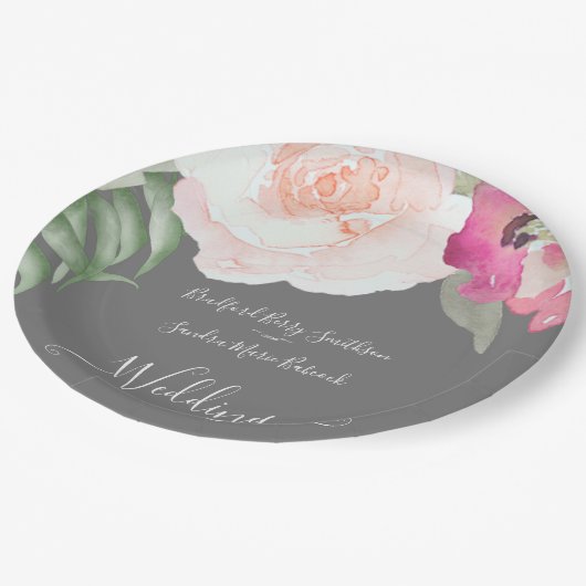 Einfache Blush Pink Fushia Blumenhochzeit Pappteller (Schrägansicht)