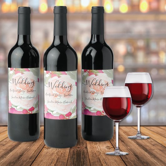 Einfache Blush Pink Fushia Blumenhochzeit Weinetikett