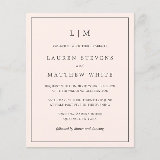 Einfache Blush Pink Monogram Einladung zur Hochzei (Vorderseite)