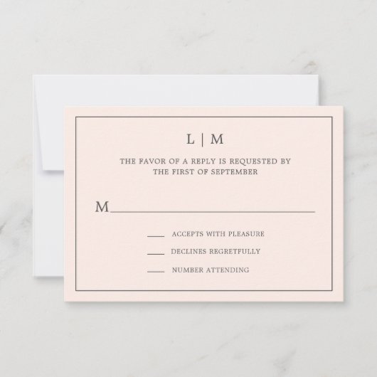 Einfache Blush Pink Monogram Elegante Hochzeit RSVP Karte (Vorderseite)