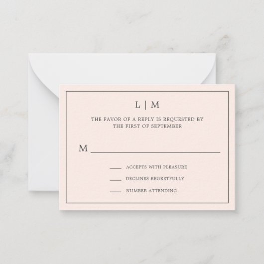 Einfache Blush Pink Monogram Mini Wedding RSVP Mitteilungskarte (Vorderseite)
