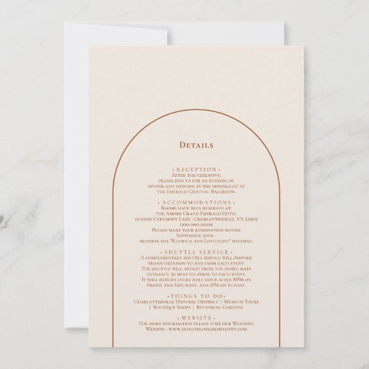 Einfache Boho Arch Elfenbein Hochzeitsdetails und Einladung (Rückseite)
