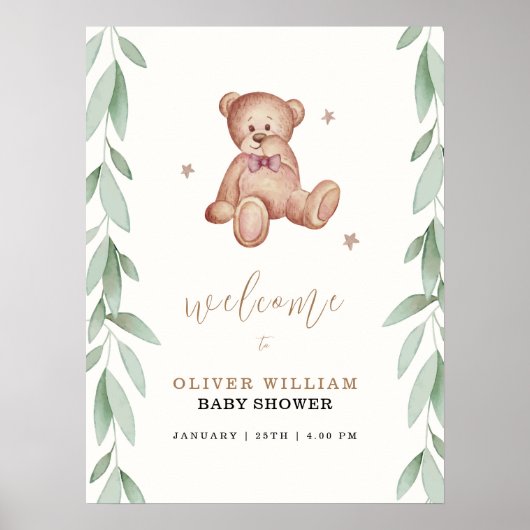Einfache Boho Bear Forest Baby Dusche Begrüßungsze Poster (Vorne)