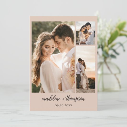 Einfache Boho Beige Script Foto QR Code Hochzeit Einladung (Stehend Vorderseite)